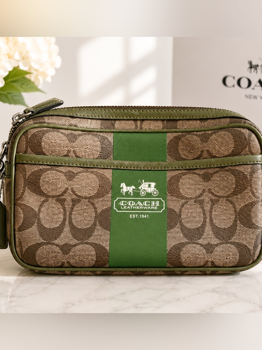 COACH Brown & Green Signature Crossbody Bag vintage strap included